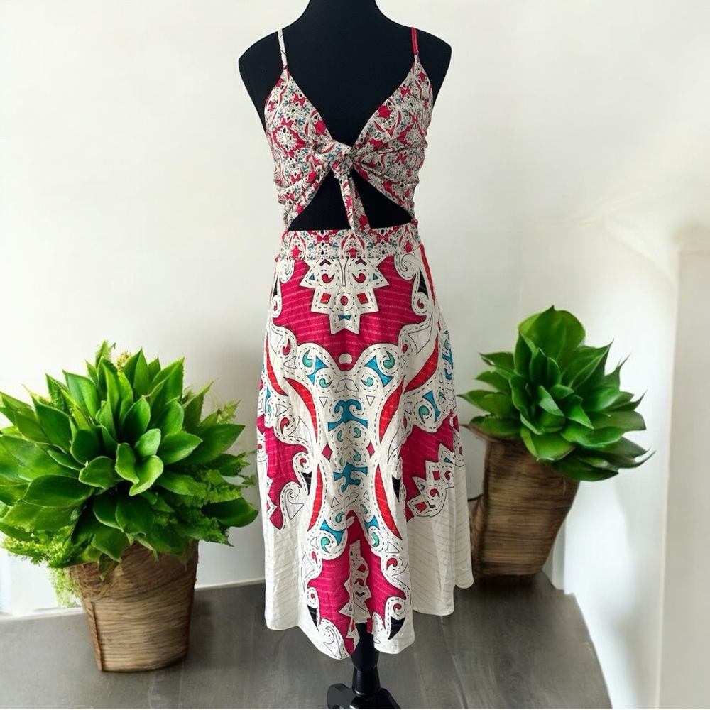 Cia Maritima Boho Cut-Out Midi Dress M – Metallic Stripes, Made in Brazil